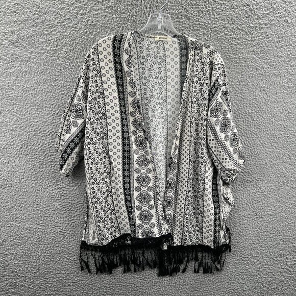 Persaya Womens Cardigan Top Extra Large Black White 3/4 Sleeve Open Front Fringe - Picture 1 of 9